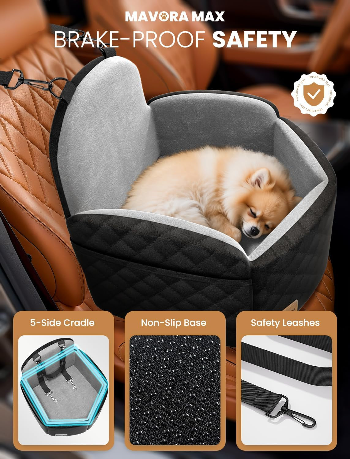 Dog Car Seat Booster for Small/Medium Dogs up to 35Lbs, Grey | Elevated Puppy Car Seat, Memory Foam & Thick Cushion, Detachable Washable Cover, 2 Safety Leashes, Non-Slip, Storage Pockets