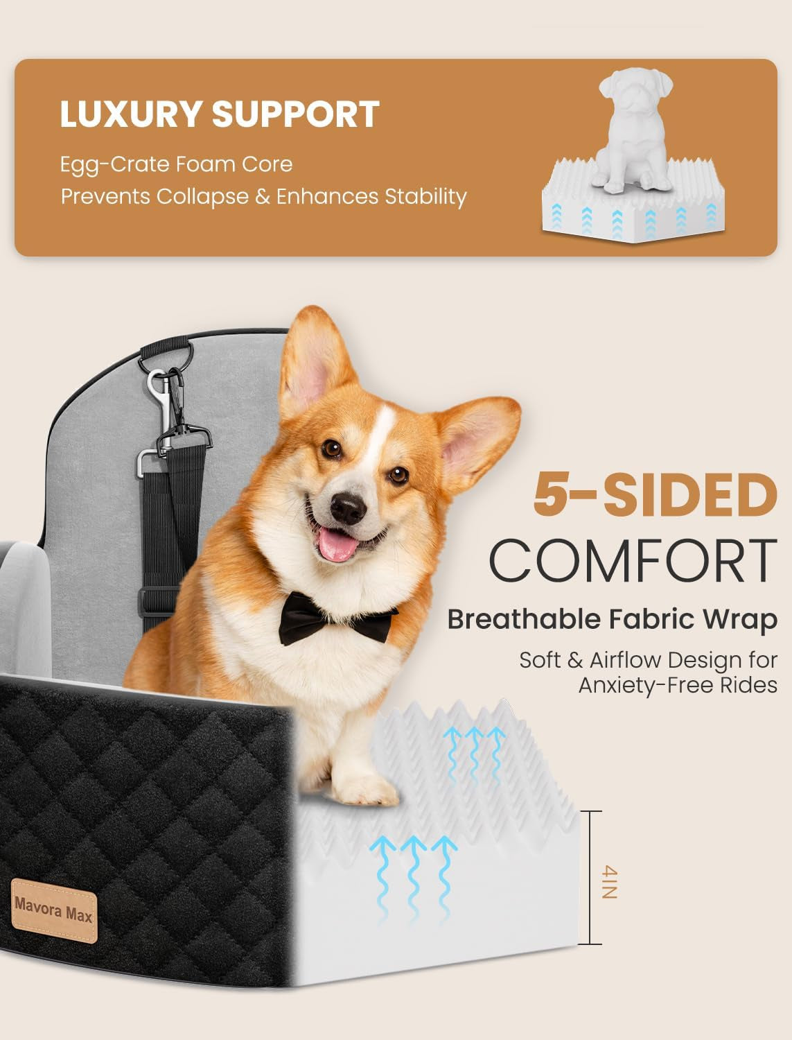 Dog Car Seat Booster for Small/Medium Dogs up to 35Lbs, Grey | Elevated Puppy Car Seat, Memory Foam & Thick Cushion, Detachable Washable Cover, 2 Safety Leashes, Non-Slip, Storage Pockets