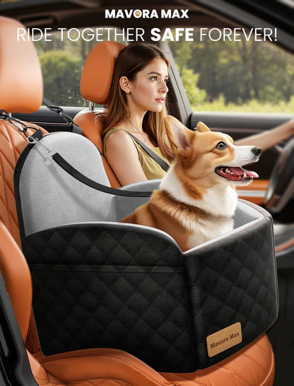 Dog Car Seat Booster for Small/Medium Dogs up to 35Lbs, Grey | Elevated Puppy Car Seat, Memory Foam & Thick Cushion, Detachable Washable Cover, 2 Safety Leashes, Non-Slip, Storage Pockets