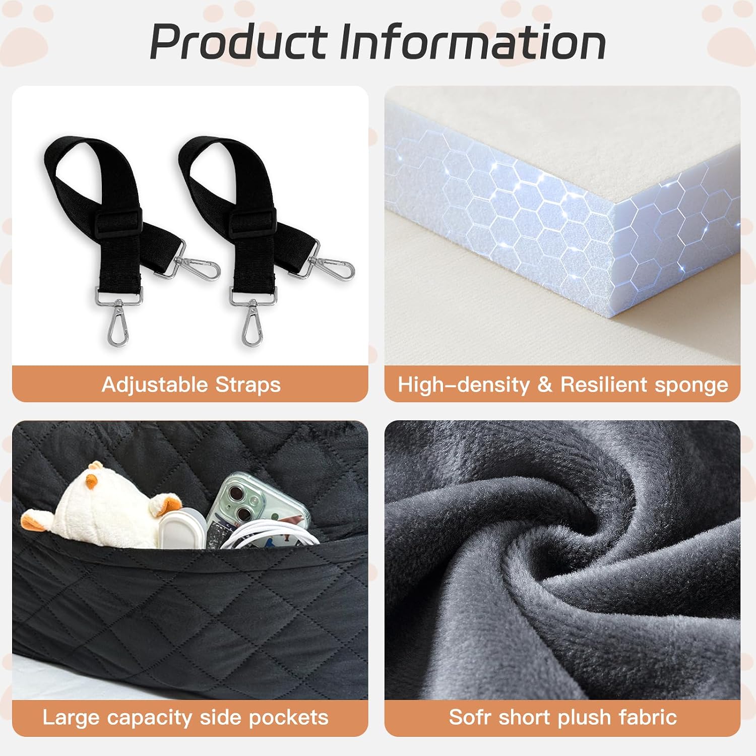 Dog Car Seat for Small/Medium Dogs under 35Lbs, Detachable & Washable Elevated Pet Travel Bed, 2 Storage Pockets & Safety Belt, Anti-Slip Base, Dog Booster Car Seat with Seamless Bottom Design