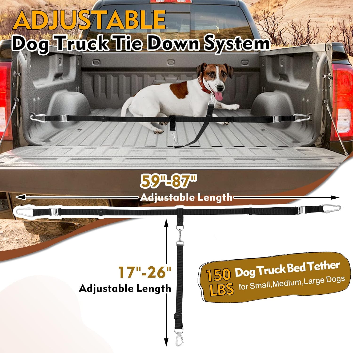Dog Leash for Truck Bed, up to 150 Lbs, for 1 Dog | Keeps Dogs in a Defined Zone, for Pickup Travel, Camping, Ranch Work and Hunting