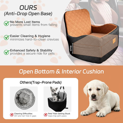 Dog Car Seat for Small/Medium Dogs under 35Lbs, Detachable & Washable Elevated Pet Travel Bed, 2 Storage Pockets & Safety Belt, Anti-Slip Base, Dog Booster Car Seat with Seamless Bottom Design