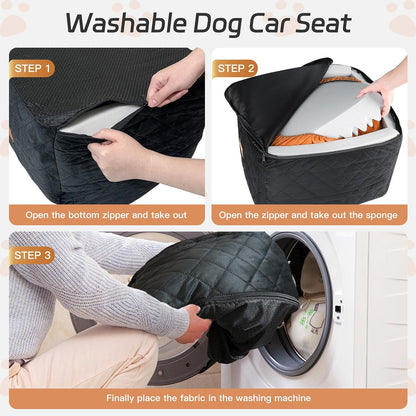 Dog Car Seat for Small/Medium Dogs under 35Lbs, Detachable & Washable Elevated Pet Travel Bed, 2 Storage Pockets & Safety Belt, Anti-Slip Base, Dog Booster Car Seat with Seamless Bottom Design