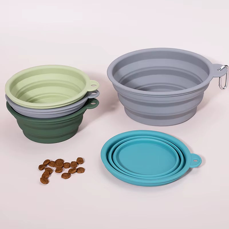 Custom Logo Pet Folding Silicone Bowl Outdoor Easy Washable Foldable Dog Bowl Collapsible Puppy Bowl with Carabiners