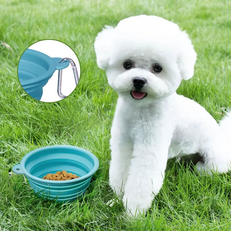 Custom Logo Pet Folding Silicone Bowl Outdoor Easy Washable Foldable Dog Bowl Collapsible Puppy Bowl with Carabiners