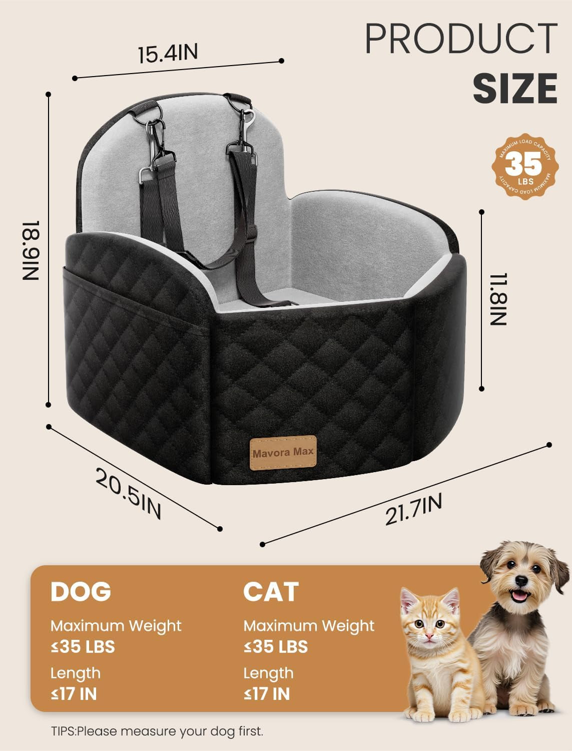 Dog Car Seat Booster for Small/Medium Dogs up to 35Lbs, Grey | Elevated Puppy Car Seat, Memory Foam & Thick Cushion, Detachable Washable Cover, 2 Safety Leashes, Non-Slip, Storage Pockets
