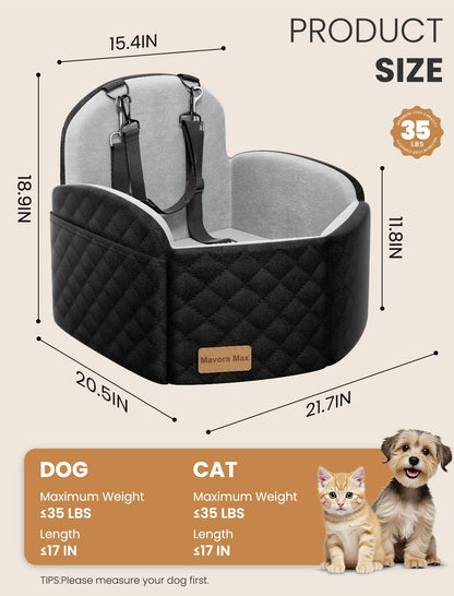 Dog Car Seat Booster for Small/Medium Dogs up to 35Lbs, Grey | Elevated Puppy Car Seat, Memory Foam & Thick Cushion, Detachable Washable Cover, 2 Safety Leashes, Non-Slip, Storage Pockets